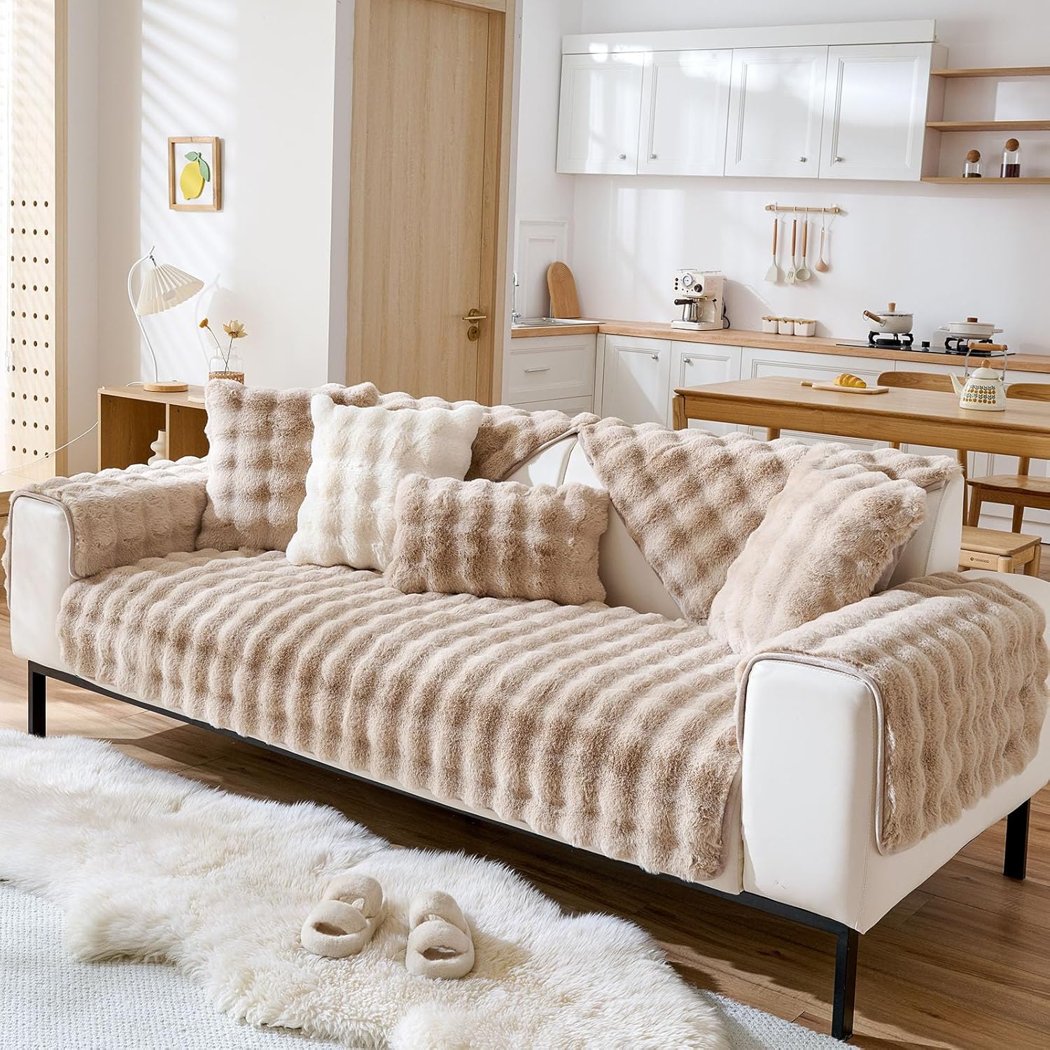 Faux Fur Couch Cover Fuzzy Soft Plush Thick Bubble Sofa Cover Luxury Sectional Couch Covers Luxury Anti-Slip Sofa Slipcover Washable Furniture Protector (Khaki,36"x70")