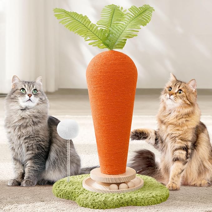 24'‘ H Cat Scratching Post Carrot with Catnip, Cute Cat Scratcher Post with Durable Natural Wooden Turntable Toy, Carrot Shape Design Cat Toy Cat Tree Sisal Scratcher for Indoor Cats (Cloud Base)