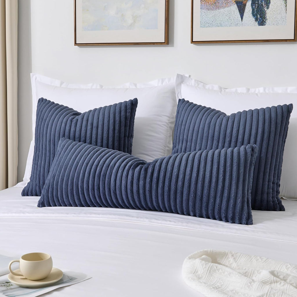 Kevin Textile Soft Plush 12x20 Inch Lumbar Pillow Cover 1 Pack, Luxury Fluffy Faux Fur Striped Flannel Rectangle Cushion Case for Couch Sofa Chair Bed Home Decor, Grey Blue