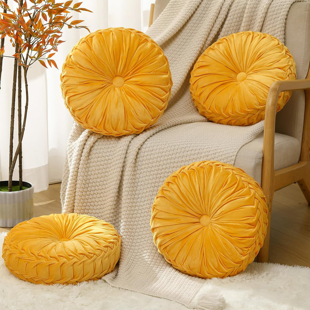 4 Pcs Round Throw Pillows 15 Inch Decorative Velvet Pleated Pumpkin Floor Boho Pillows for Living Room Couch Chair Bed Sofa (Yellow)