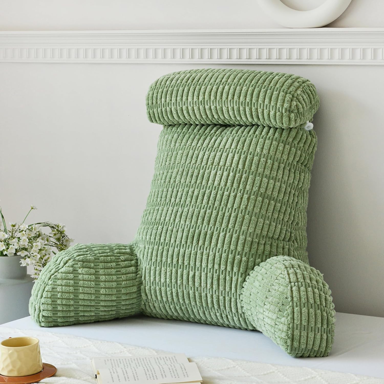 WERDIM Reading Pillow with Detachable Neck Roll, Large Back Pillow for Sitting Up in Bed Couch, Adult Bed Rest Pillow with Arms for Reading/Watching TV/Gaming, Sage