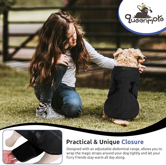 Queenmore Small Dog Warm Winter Jacket, Soft Fleece Vest Pullover with Leash Hole, Dachshund Cat Boy or Girl (Black, S)