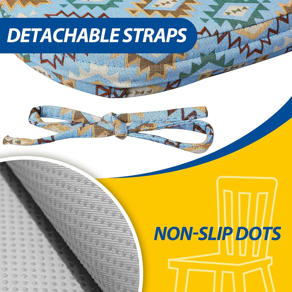 AAAAAcessories D-Shaped Chair Cushions, 2" Thick Dining Chair Pads with Ties and Removable, Machine-Washable Cover, 17" x 16", Set of 2, Geometric Blue