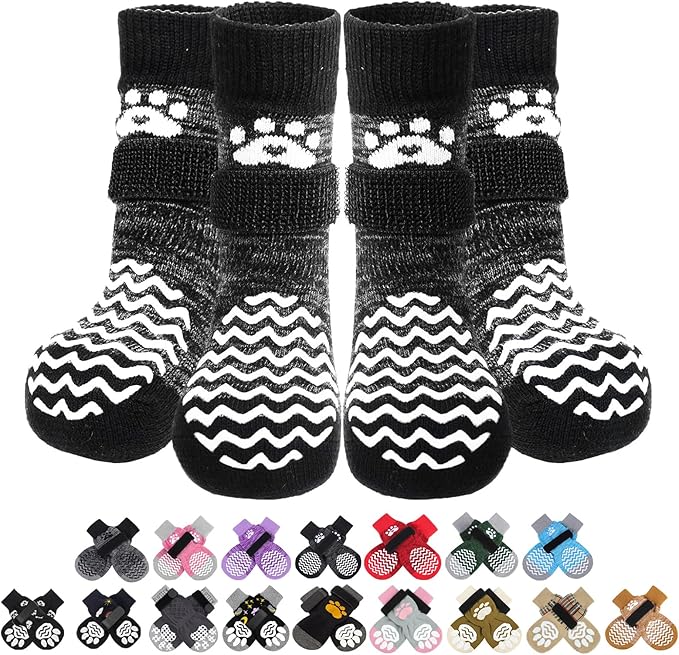 PUPTECK Anti Slip Dog Socks 2 Pairs with Double Grippers for Hardwood Floors, Shoes for Hot/Cold Pavement, Boots & Paws Protectors to Prevent Licking, Traction Booties for Senior Small Large Dogs
