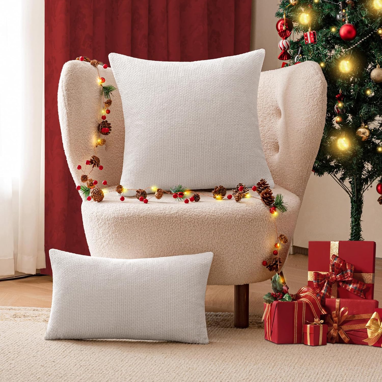 a moment Christmas White Chenille Throw Pillow Covers 12x20 Inch Pack of 2 Modern Decorative Throw Pillow Covers Farmhouse Cross Throw Pillowcases Home Decor for Sofa Bedroom Living Room Spring