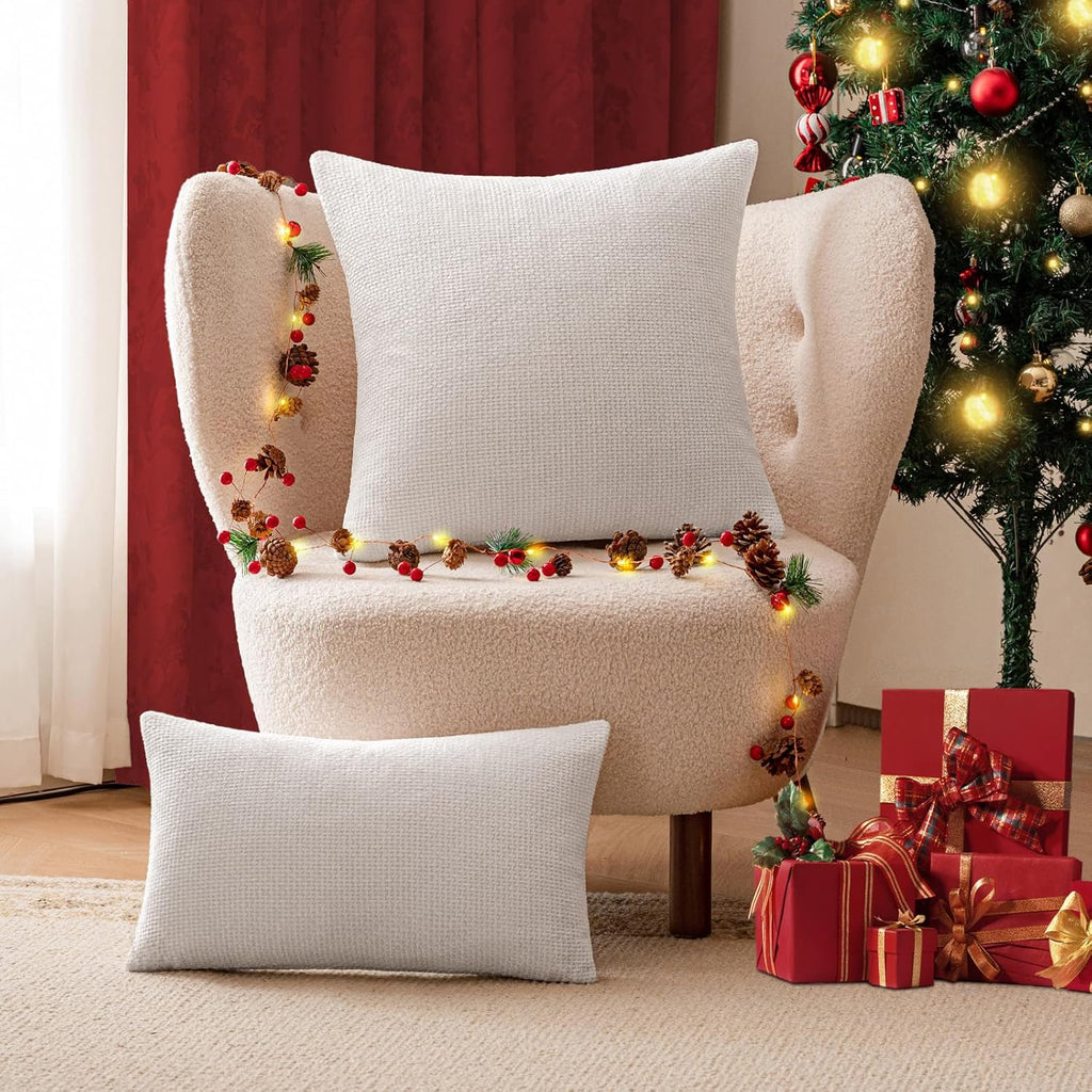 a moment Christmas White Chenille Throw Pillow Covers 18x18 Inch Pack of 2 Modern Decorative Throw Pillow Covers Farmhouse Cross Covers Home Decor for Sofa Bedroom Living Room
