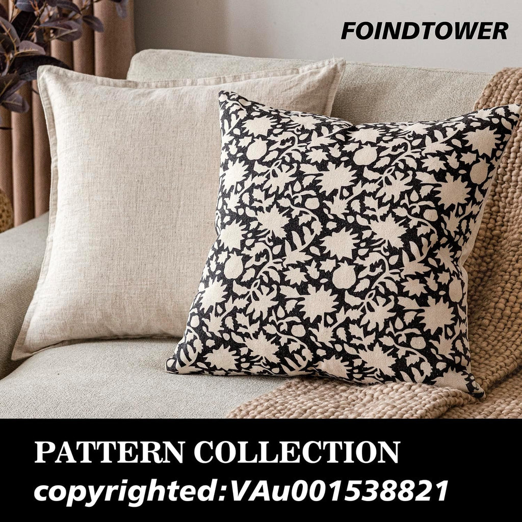 Foindtower Set of 2 Decorative Neutral Floral Throw Pillow Covers Accent Farmhouse Cushion Covers Boho Vintage Pillowcase for Couch Sofa Bedroom Living Room Home Decor24×24 Inch,Black