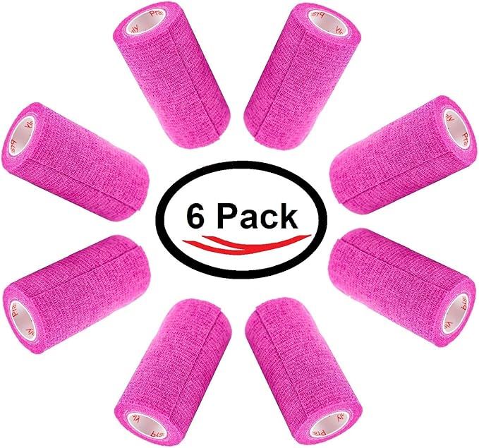 4 Inch Vet Wrap Tape Bulk (Fuchsia) (Pack of 6) Self Adhesive Adherent Adhering Flex Bandage Grip Roll for Dog Cat Pet Horse