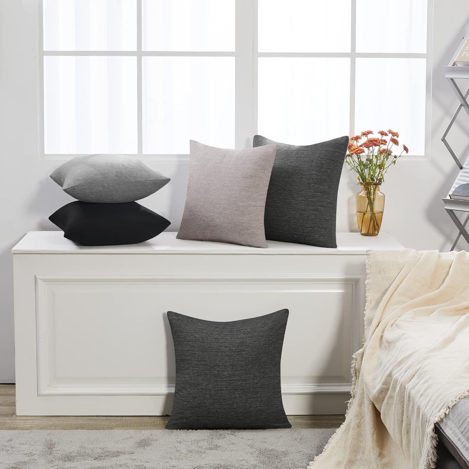 Deconovo Soft Cushion Covers Pillow Covers Faux Linen Pillow Covers with Invisible Zipper for Sofa 18x18 Inch Grey 4 Pcs Case Only No Insert