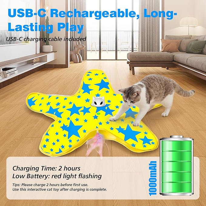 Rechargeable Interactive Cat Toys, Automatic Cat Toy for Indoor Cats, Durable Hide and Seek Cat Toy with Moving Concealed Feathers, Touch Activated Kitten Toys Cat Exercise Toys, Yellow Blue Cover