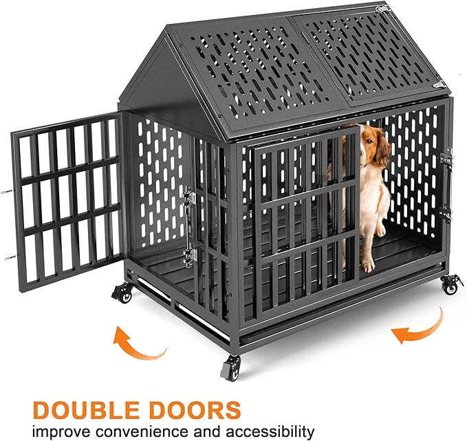 38 Inch Heavy Duty Dog Crate with Self-Locking Latch for High Anxiety Dogs, Indestructible Large Kennel Indoor with Pointed Roof, Removable Trays and Lockable Wheels, Chew Proof Cage