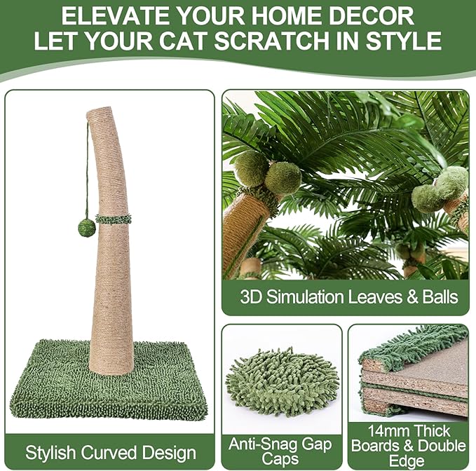 40'' Tall Cat Scratching Post Cat Tree, Curved Design Cat Scratcher Post with 3 Interactive Balls, Natural Sisal Rope Cat Scratching Posts for Indoor Cats Adults Kittens, Multi-Combinable (Style A)
