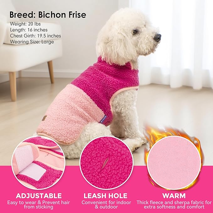 cyeollo Warm Dog Coat Sherpa Dog Winter Coat, Reversible Fleece Dogs Jackets Sweater Vest for Small Medium Dogs Male with Leash Hole, Soft Cold Weather Pet Clothes, Rose Red XL