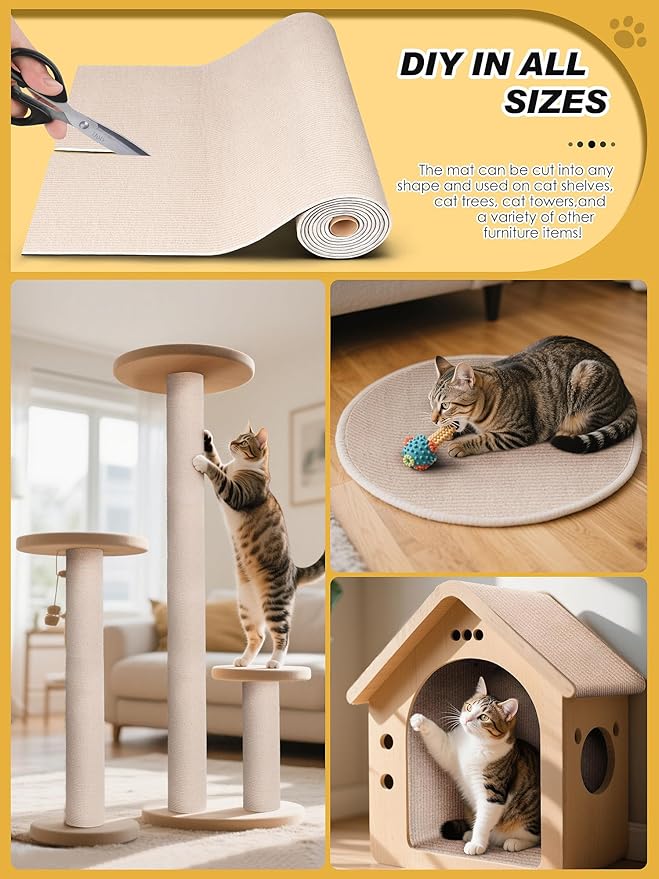 2PCS 39.4"x15.8" Cat Scratch Mat, Trimmable Self-Adhesive Carpet, DIY Climb Cat Scratcher for Furniture Couch or Wall Protector, Covering Cat Scratching Post Replacement Pads (Beige)
