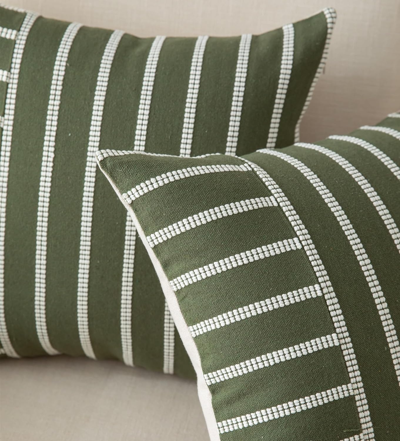 Caflife Boho Throw Pillow Covers 18x18 Set of 2 Soft Farmhouse Decorative Couch Pillow Cases Green Striped Pillow Covers Neutral Cushion Covers for Sofa Bed Living Room Home Decor