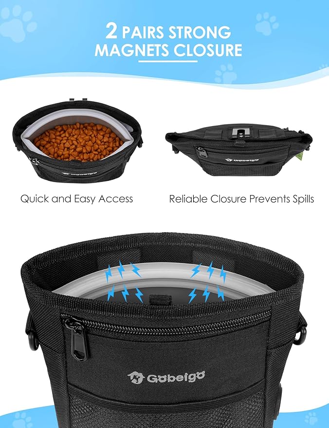 Gobeigo Dog Treat Pouch with Silicone Liner, 【4 Cup】【3 Ways to Wear 】 Treat Bag with Training Clicker, Front Pocket fits All Phones, Upgrade Stronger Magnetic Closure Walking Fanny Pack (Black)