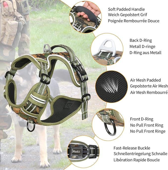 HEELE Dog Harness, No Pull Adjustable Padded Reflective Harness for Small Medium Large Dogs with Handle for Walking Training, Camo Green, L