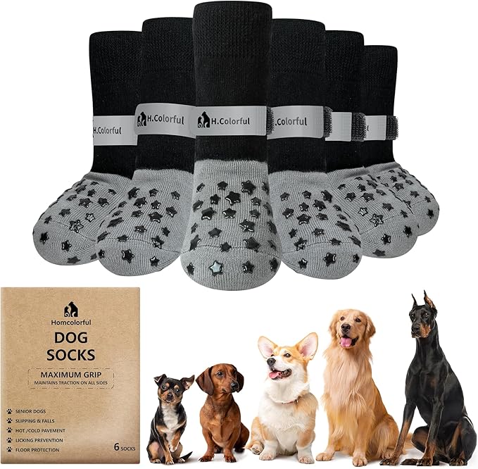 Anti-Slip Dog Socks for Hardwood Floors, Non-Slip Socks with Reflective Strips to Provide Paw Protection, Reflective Grip Socks for Senior Dogs, Prevent Licking & Scratches, 6 PCS Set - XL