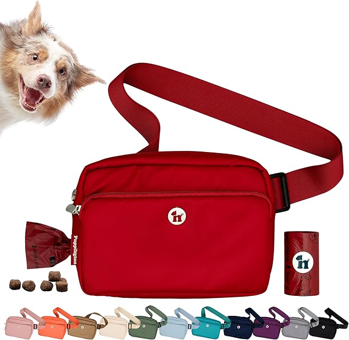 Puppington 3-in-1 Crossbody Dog Walking Bag & Treat Pouch with Matching Planet Safe Poop Bags & Built-In Dispenser - Dog Mom Gift for Puppy Training with Zippered Pockets (Ruby Red)