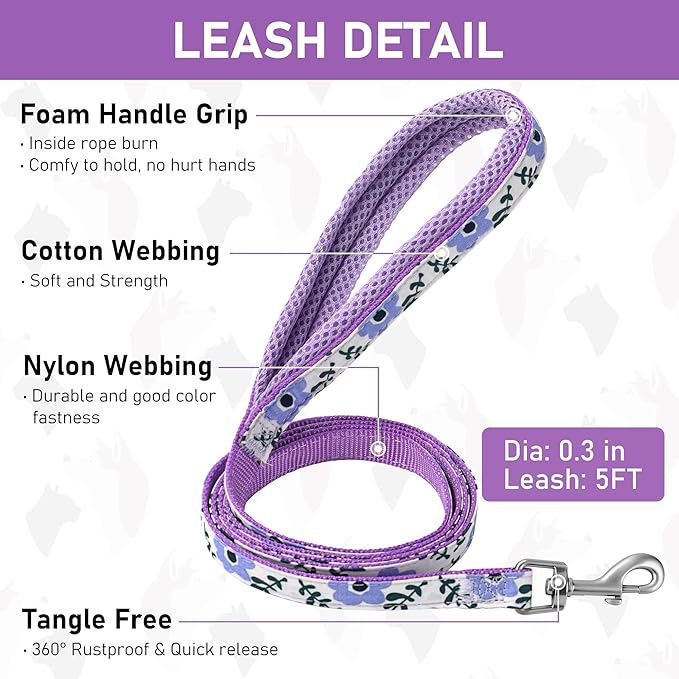 GAMUDA Small Dog Harness Collar and Leash Set, Step in No Chock No Pull Soft Mesh Adjustable Dog Vest Harnesses Plaid Reflective for Dogs Puppy Cats Kitten Rabbit (Purple Flower, XL)