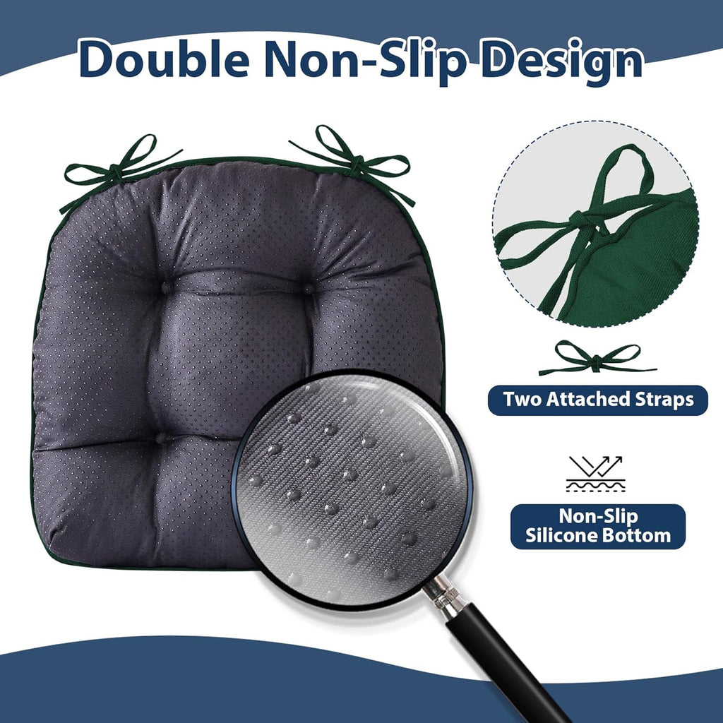 Chair Cushions for Dining Chairs, Seat Cushions for Kitchen Chairs, Indoor Seat Cushions with Ties, Tufted Foam Chair Pads, Non Slip Chair Cushions Set of 6, 15.5" x 15.5" x 4", Dark Green
