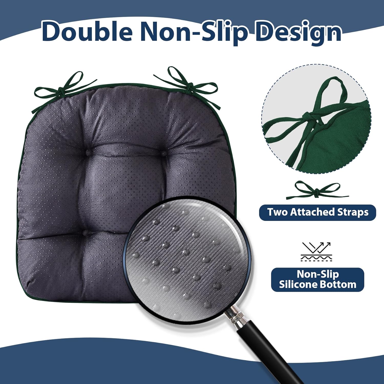 Chair Cushions for Dining Chairs, Seat Cushions for Kitchen Chairs, Indoor Seat Cushions with Ties, Tufted Foam Chair Pads, Non Slip Chair Cushions Set of 6, 15.5" x 15.5" x 4", Dark Green
