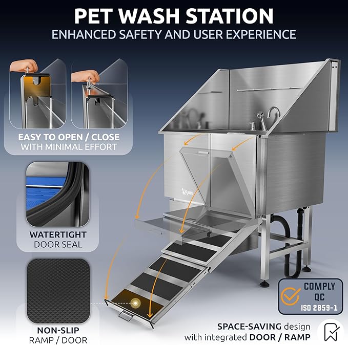 KANIS Professional Dog Washing Station - 304 Stainless Steel Pet Wash Sink & Grooming Bath Tub for Home with Ramp, Shower, Floor Grate, Storage Drawer, Faucet, Drain Kit for Large, Medium & Small Pets