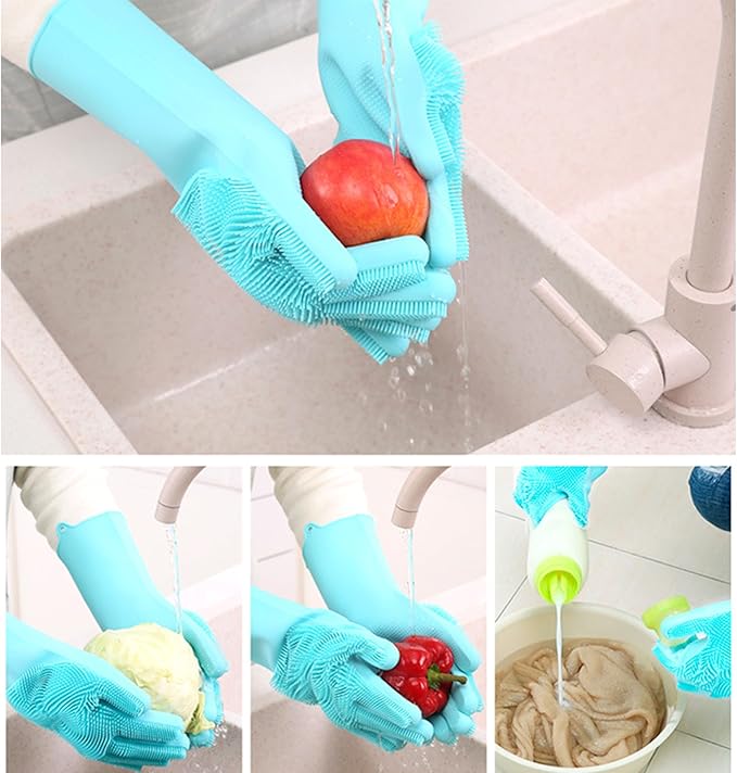 Pet Grooming Gloves，Heat-Resistant Silicone Gloves with High-Density Teeth for Enhanced Massaging and Bathing of Dogs and Cats (Blue, 2 Pair)