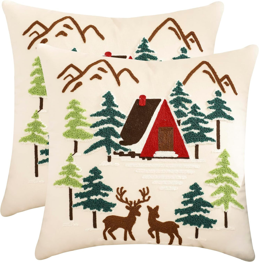LUOYEHK Christmas Pillow Covers 18x18 Set of 2 House and Deer Decorative Beige Pillow Cases Winter Holiday Velvet Embroidered Cushion Covers for Couch Sofa Bed