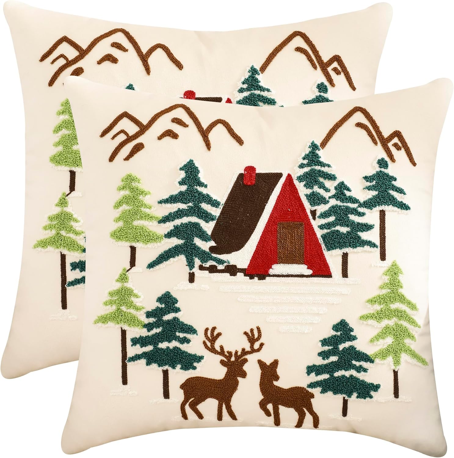 LUOYEHK Christmas Pillow Covers 18x18 Set of 2 House and Deer Decorative Beige Pillow Cases Winter Holiday Velvet Embroidered Cushion Covers for Couch Sofa Bed