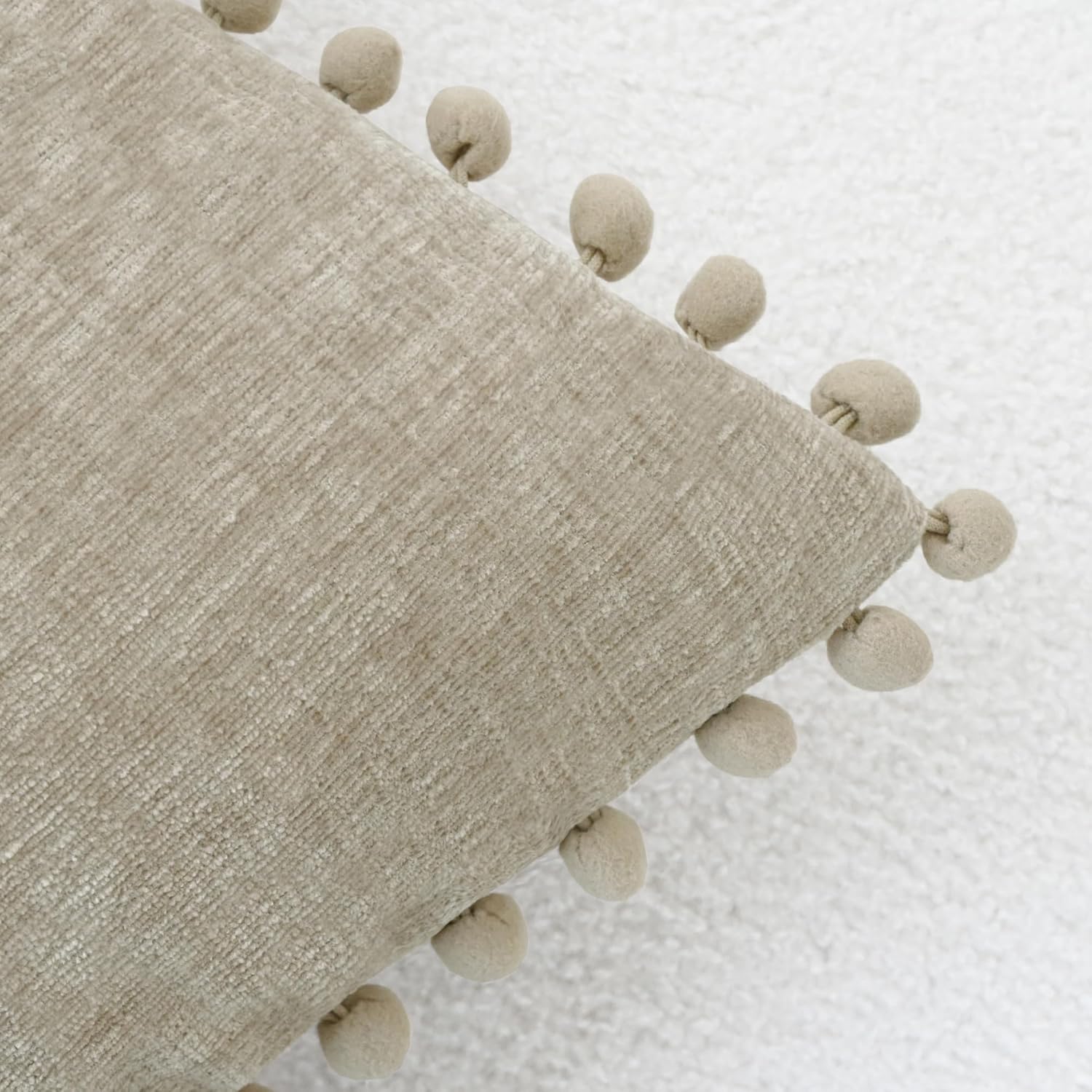 CaliTime Throw Pillow Covers Decorative 20 X 12 Inches Pack of 2 Cozy Solid Dyed Soft Chenille Cushion Cases with Pom Poms for Couch Sofa Bed Living Room Home Taupe