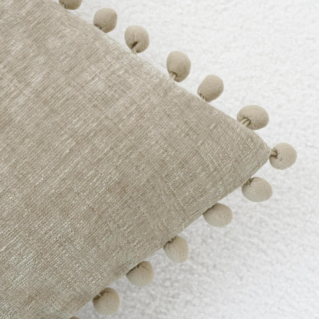 CaliTime Throw Pillow Covers Decorative 20 X 20 Inches Pack of 2 Cozy Solid Dyed Soft Chenille Cushion Cases with Pom Poms for Couch Sofa Bed Living Room Home Taupe