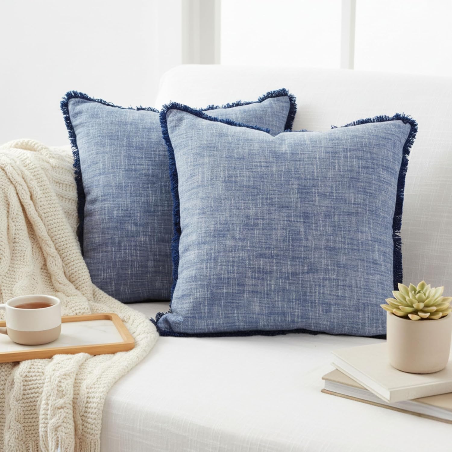 Set of 2 Textured Cotton Throw Pillow Covers with Decorative Fringe Farmhouse Cushion Covers with Tassels Linen Like Accent Pillowcases for Bed Couch Chair Sofa Living Room 22×22 Inch Blue