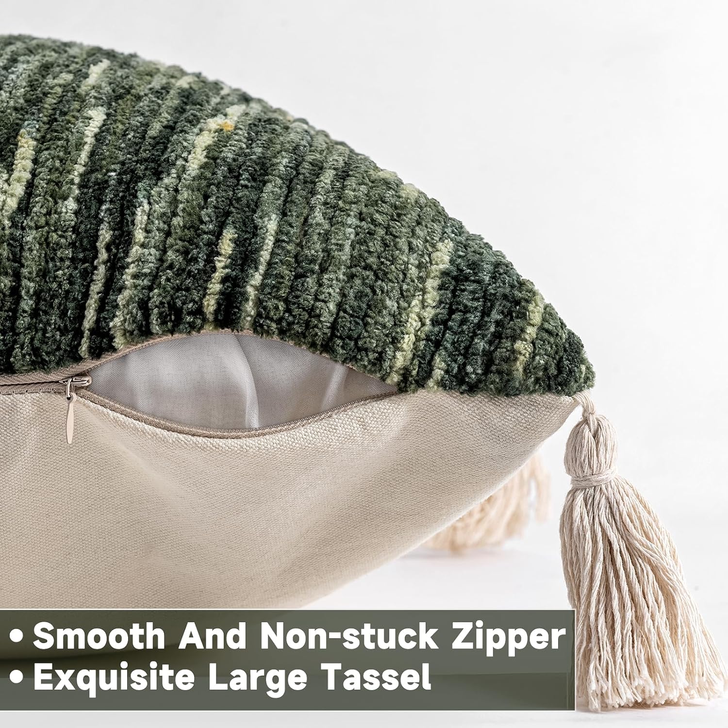 AmHoo Boho Throw Pillow Covers Set of 2 Decorative Bohemian Woven Tufted Striped Farmhouse with Tassels Textured Cushion Case Pillowcase Neutral for Sofa Couch Bed 18 x 18-Inch Sage Green