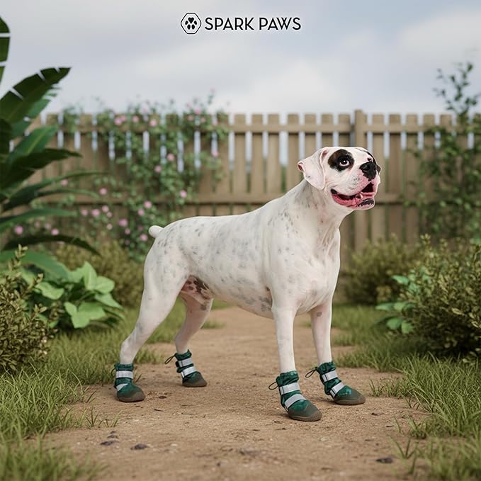 Spark Paws Dog Shoes, Waterproof Dog Boots for Medium to Large Dogs, Non Slip, Breathable Dog Booties and Paw Protectors - 4PCS Doggie Hiking Boots with Reflective Straps, Green Camo, Size 7