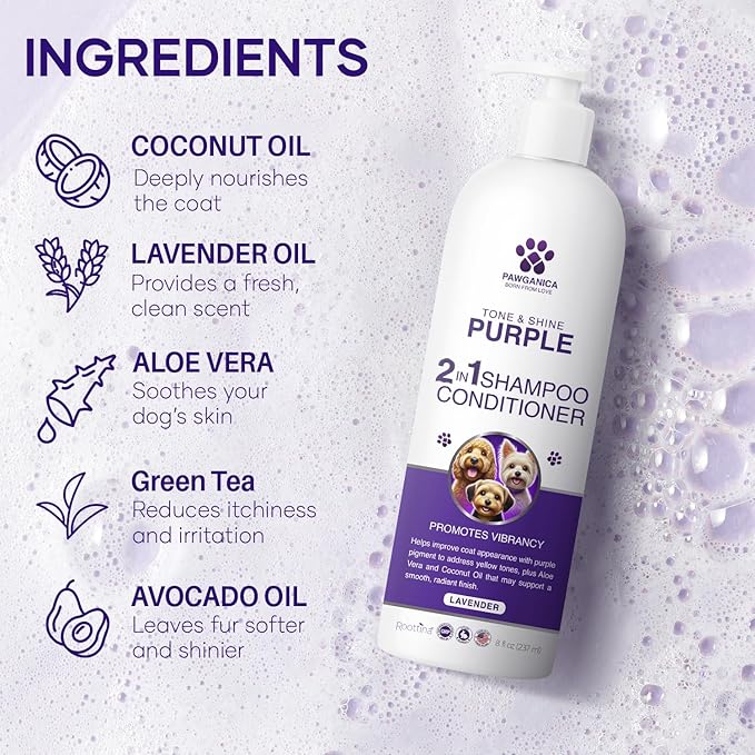 Pawganica 2-in-1 Purple Shampoo for Dogs, Supports Coat Whitening & Softness, pH-Balanced, Fur Whitening Dog Shampoo and Conditioner, Shampoo for Smelly Dogs 8 fl oz
