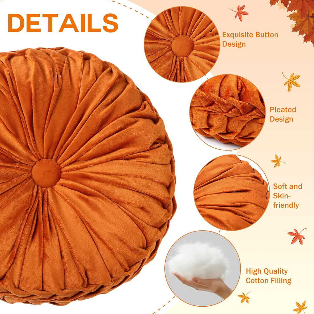 2 Pcs Round Throw Pillows 15 Inch Decorative Velvet Pleated Pumpkin Floor Boho Pillows for Living Room Couch Chair Bed Sofa (Orange)