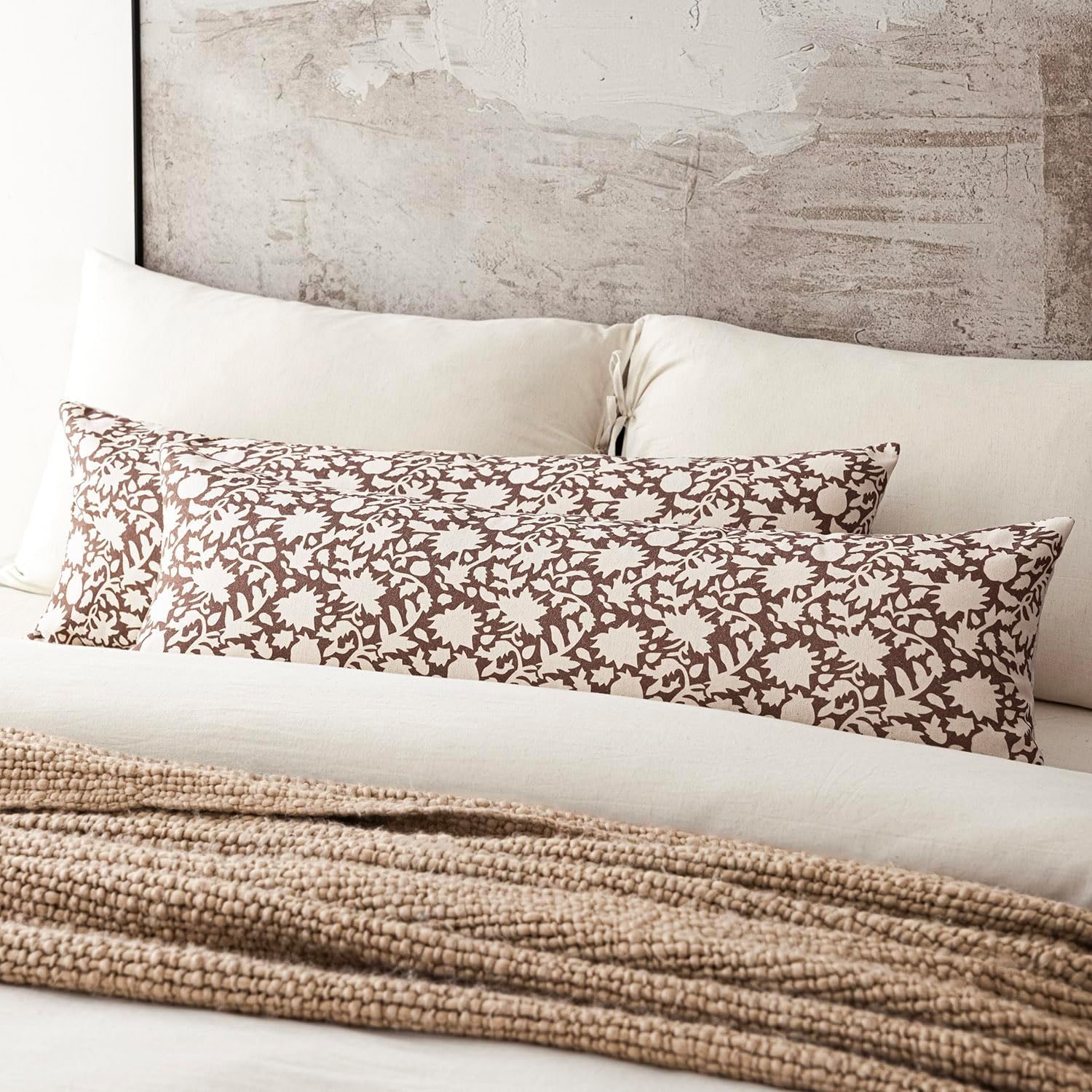 Foindtower Set of 2 Decorative Long Body Lumbar Throw Pillow Covers Accent Farmhouse Cushion Covers Floral Vintage Pillowcase for Couch Sofa Bedroom Living Room Home Decor,14×36 Inch,Brown
