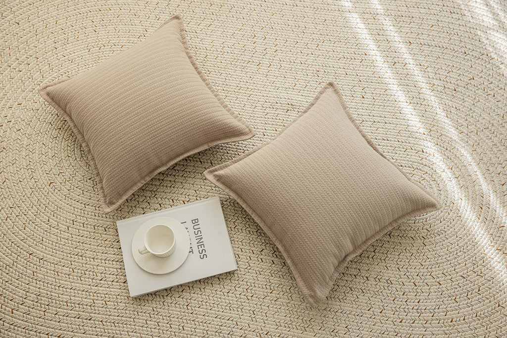 Set of 2 Herringbone Embossed Stripe Flange Throw Pillow Covers for Couch and Bed - 18"x18", Khaki-Green