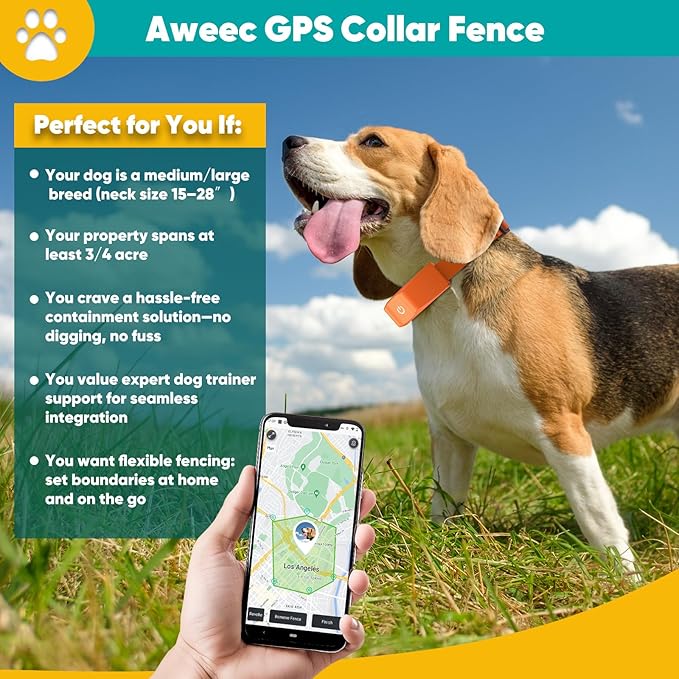 GPS Wireless Dog Fence with Free App, Electric Fence System with Training Collar, Portable Fence for Outdoor Use, Rechargeable Waterproof Flexiable Collar, Adjustable for Large Medium Dogs