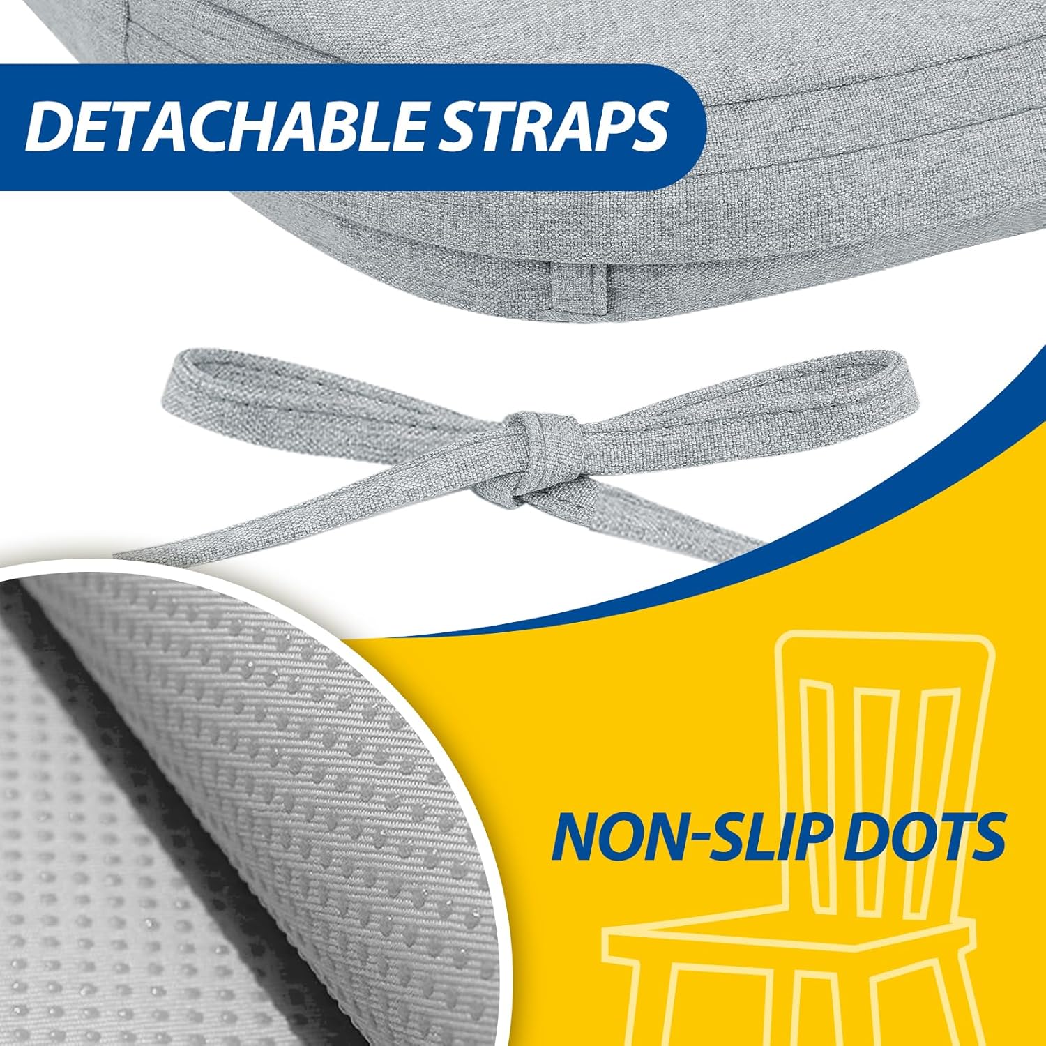 AAAAAcessories D-Shaped Chair Cushions, 2" Thick Dining Chair Pads with Ties and Removable, Machine-Washable Cover, 17" x 16", Set of 2, Gray