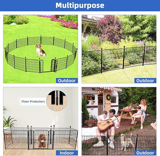 ADAVIN 24 in(H) Garden Fence with Gate, 14 Panels Heavy Duty Iron Metal Animal Barrier Fence, Camping Fence, Garden Fences and Borders for Dogs,Total 34.5 Ft(L), Black