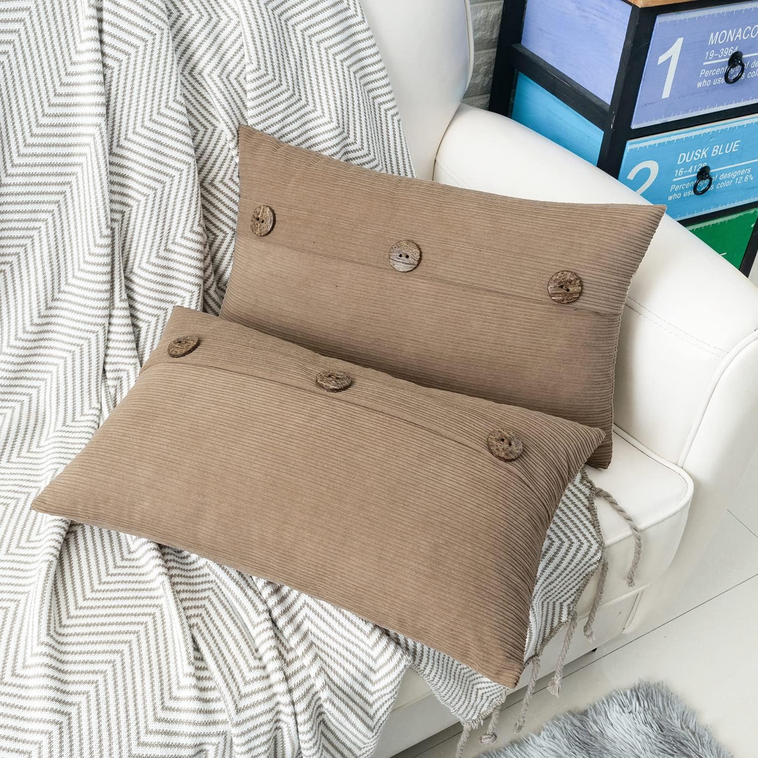 HWY 50 Taupe Chenille Throw Pillow Covers 12x20 Inch with Triple Buttons, Soft Farmhouse Accent Decorative Cushion Cases for Couch Sofa Living Room Pack of 2 Rectangle