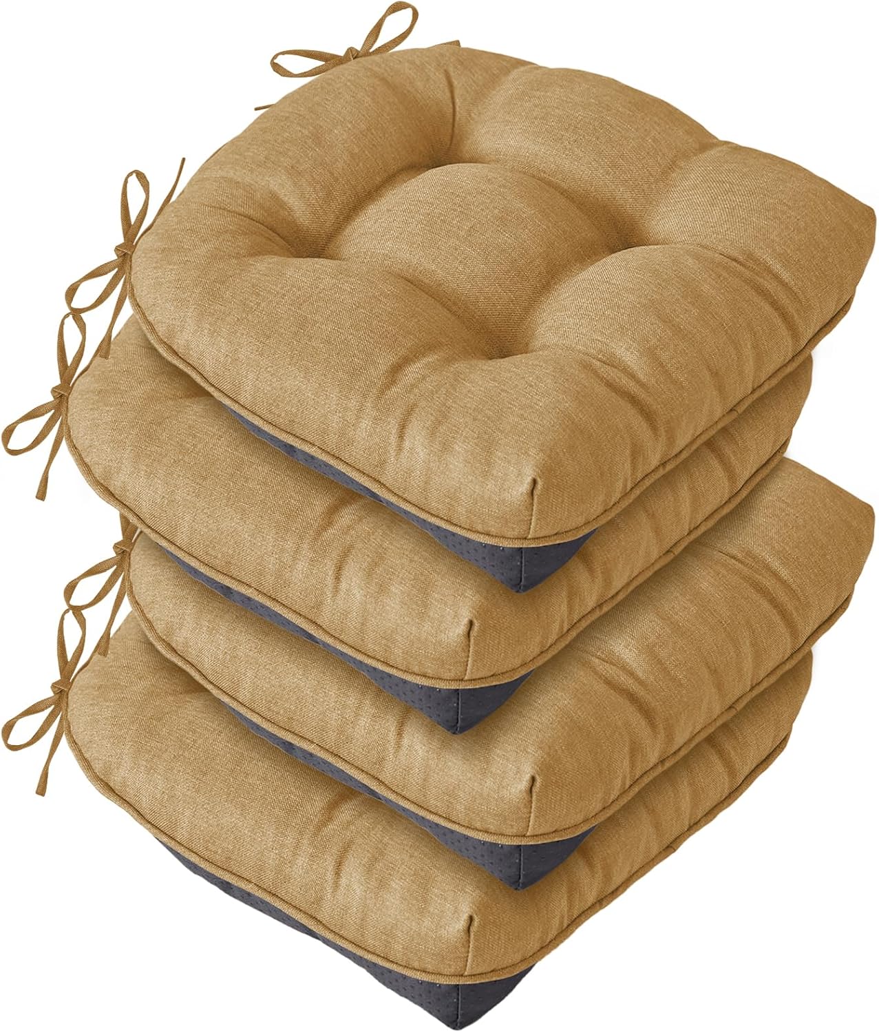 Chair Cushions for Dining Chairs, Seat Cushions for Kitchen Chairs, Indoor Seat Cushions with Ties, Tufted Foam Chair Pads, Non Slip Chair Cushions Set of 4, 15.5" x 15.5" x 4", Khaki