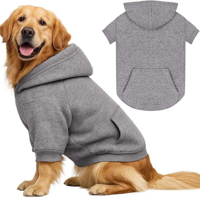 3XL Dog Sweaters for Large Dogs,Dog Hoodie,Cozy Fleece Interior Sweatshirt with Hood & Pocket,Leash Hole,Pet Clothes Sweater for Small,Medium,and Large Dogs,Grey&3XL