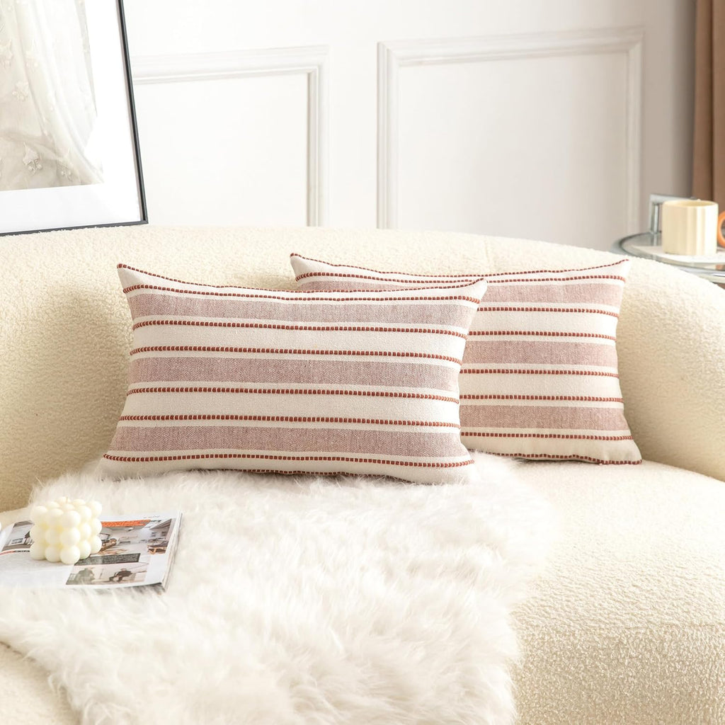 Decorative Boho Lumbar Throw Pillow Covers, Farmhouse Textured Pillow Case, 12 x 20 Inch Set of 2, Chair Sofa Bedroom Living Room Home Decor Couch Cushion Case, Rust and Beige Striped