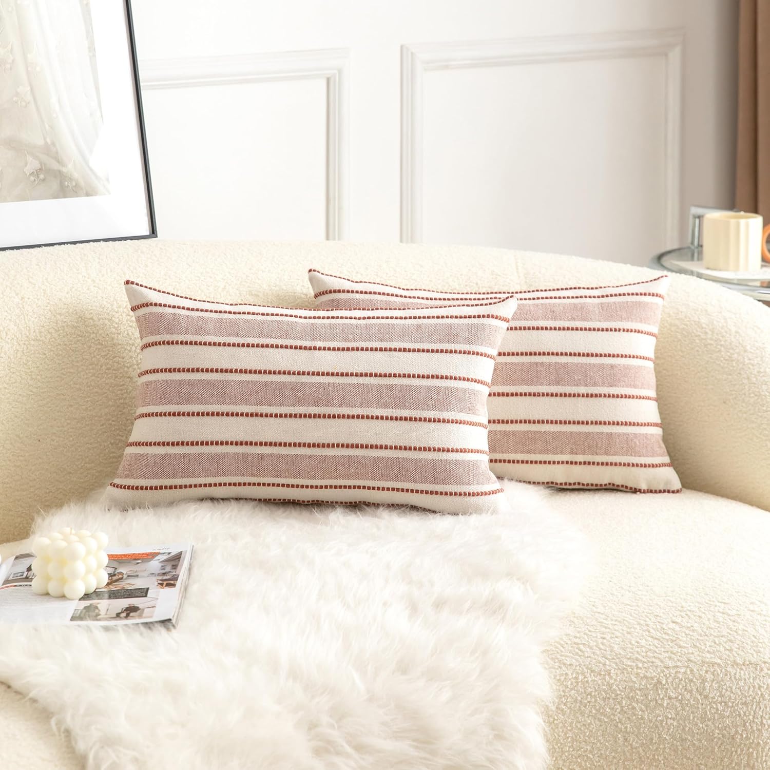 Decorative Boho Lumbar Throw Pillow Covers, Farmhouse Textured Pillow Case, 12 x 20 Inch Set of 2, Chair Sofa Bedroom Living Room Home Decor Couch Cushion Case, Rust and Beige Striped