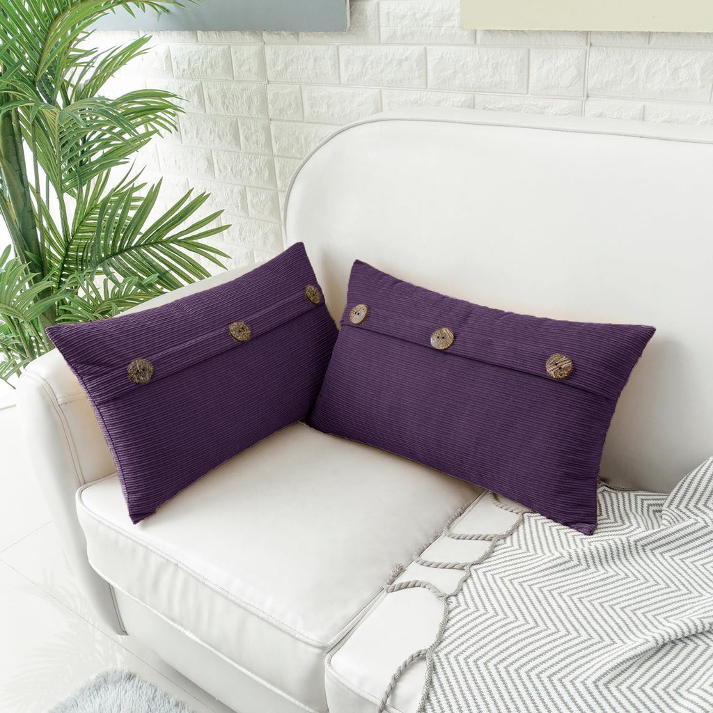 HWY 50 Purple Chenille Throw Pillow Covers 12x20 Inch with Triple Buttons, Soft Farmhouse Accent Decorative Cushion Cases for Couch Sofa Bed Living Room Pack of 2 Rectangle