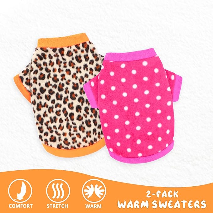 2 Pieces Dog Sweaters for Small Dogs, Fall Winter Fleece Dog Clothes, Soft and Warm Puppy Sweater Doggie Coat for Winter Pet Cloting for Chihuahua Yorkie (Polka dots, Leopard Print, Small)