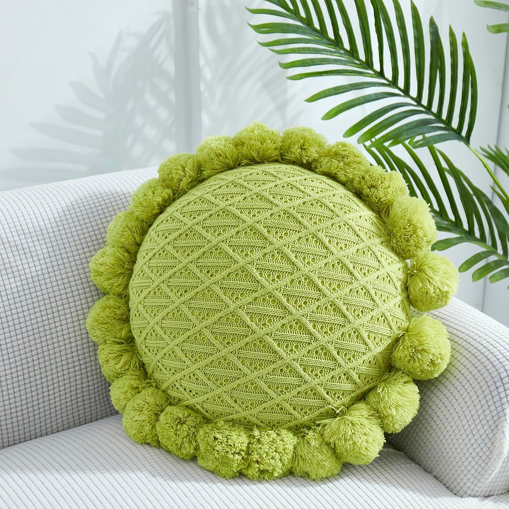 Acrylic Knitted Round Throw Pillow Knitting Bohemian Circular Cushion Pillow with Knit Handmade Pompoms Decorative Apple Green, Diameter 18inches